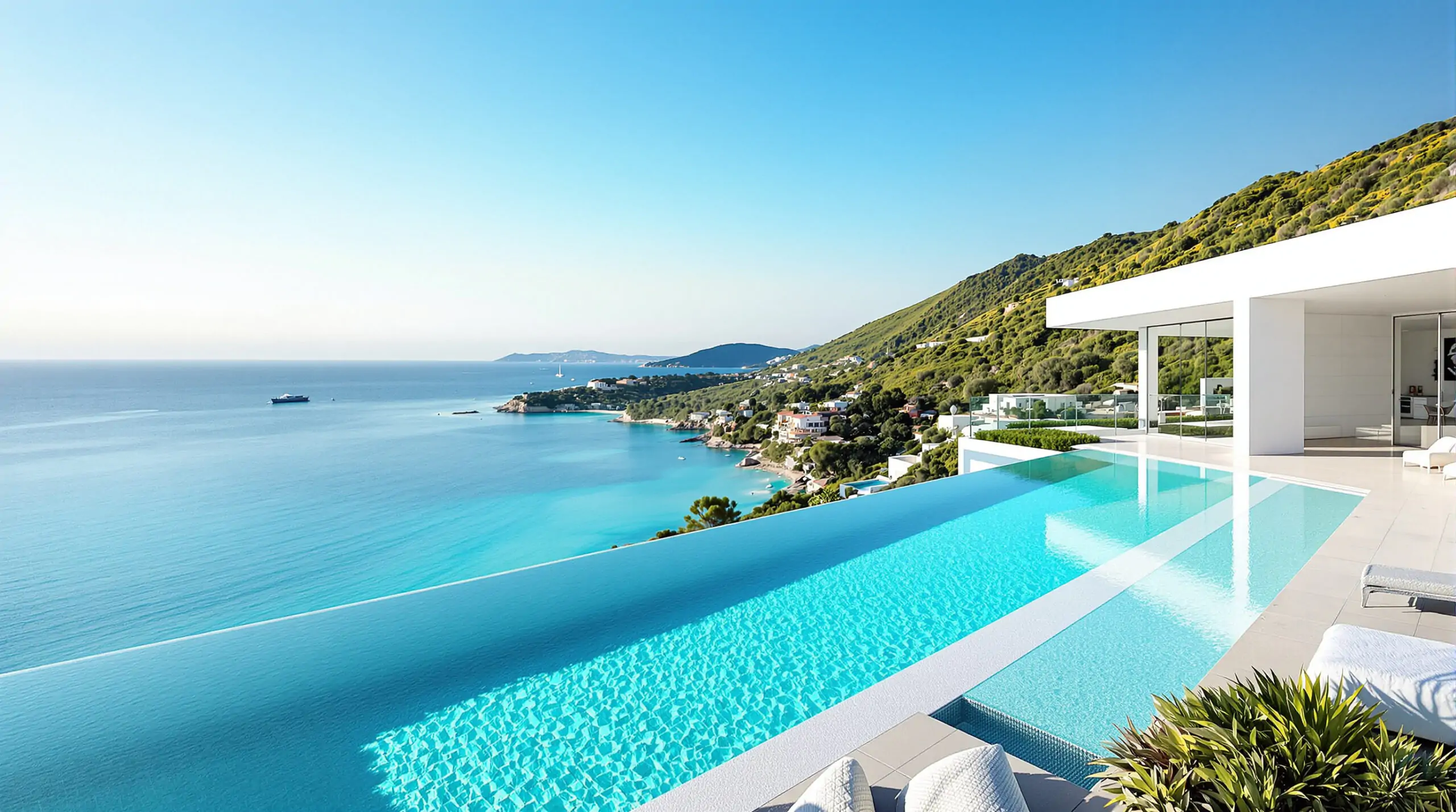 Luftaufnahme der Mittelmeerküste mit moderner weißer Villa und Infinity-Pool an der Costa del Sol
