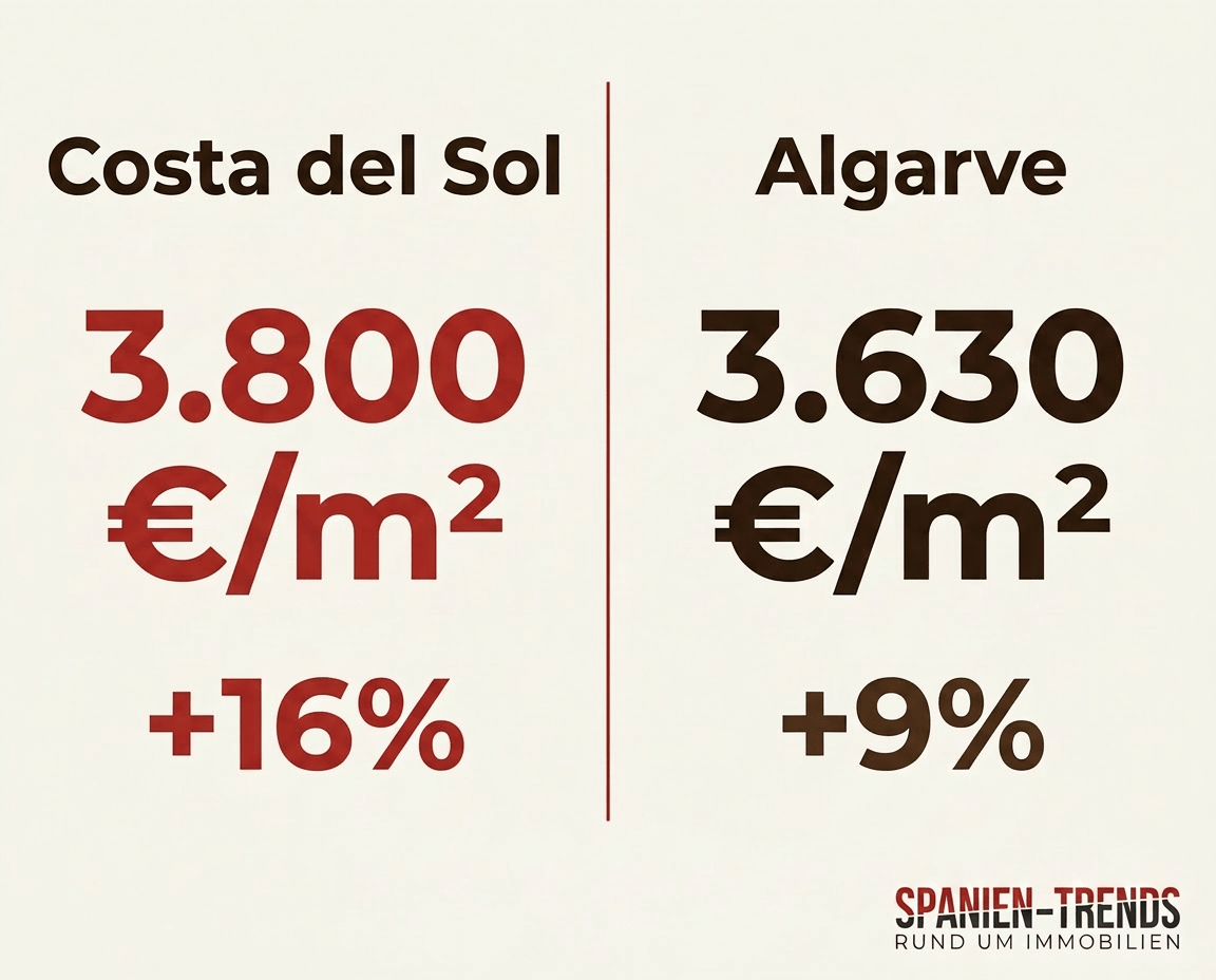 Immobilienpreisvergleich Costa del Sol vs. Algarve 2026 — Preis pro Quadratmeter und Preissteigerung