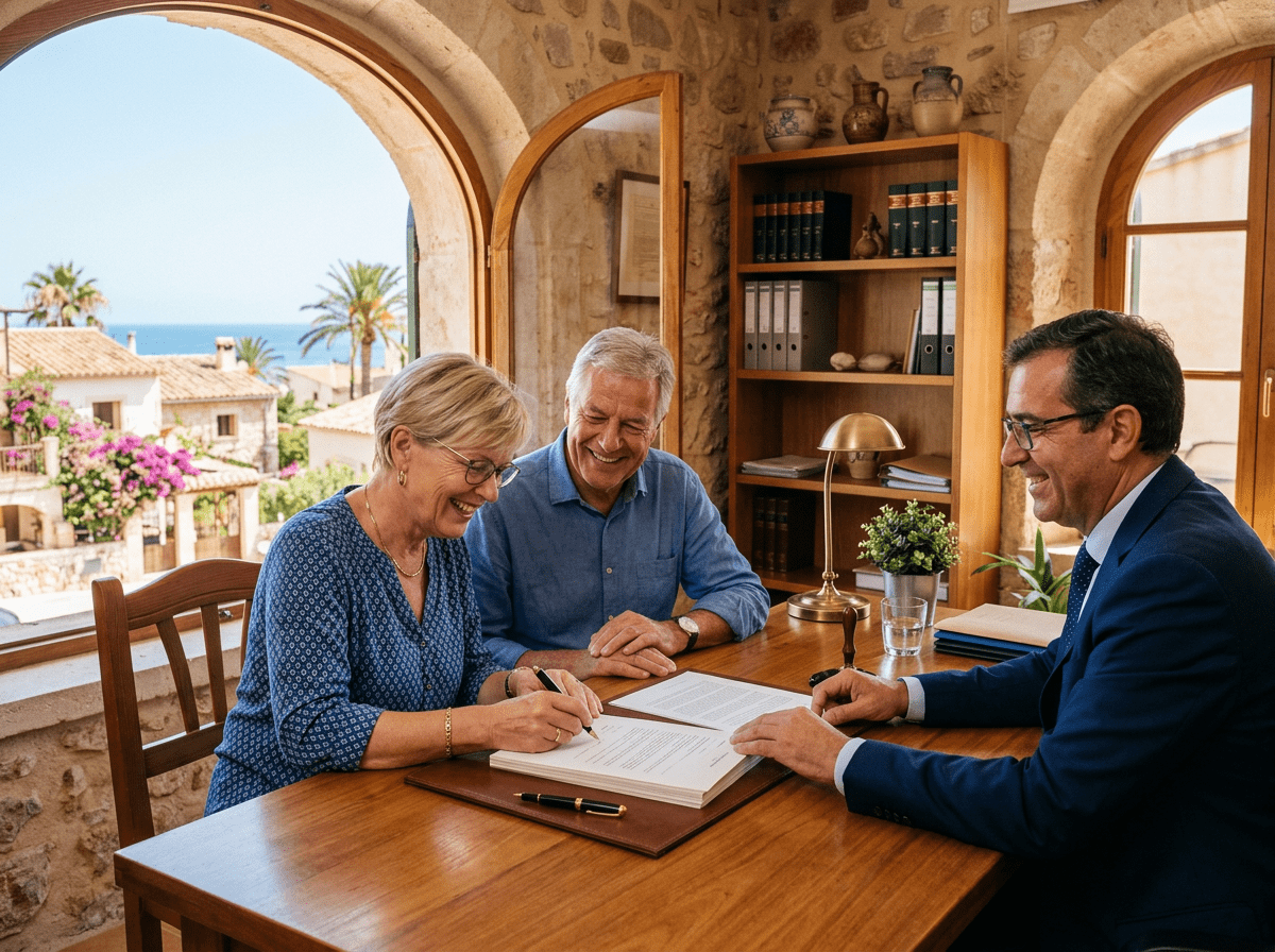 Paar unterzeichnet den Kaufvertrag beim Notar in Spanien