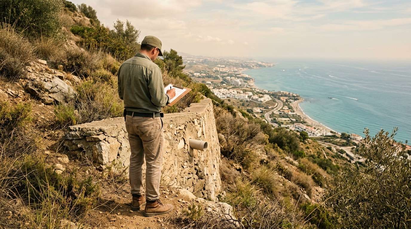 Gutachter begutachtet eine Stützmauer an einem Hanggrundstück über der Küste der Costa del Sol